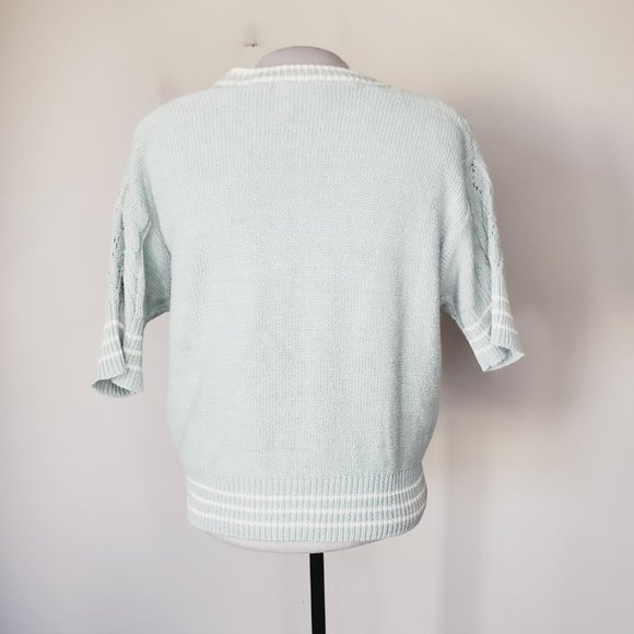 Vintage Crazy Horse Cardigan Grannycore Cable Knit Retro Rami Cotton Pale Blue M - Picture 5 of 8